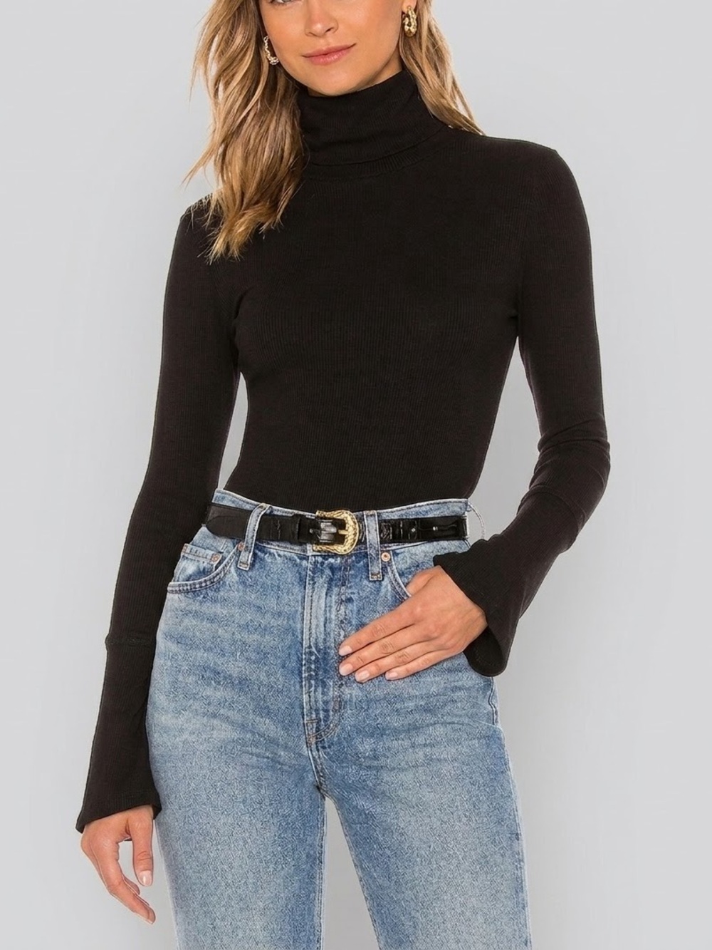 Free People Sydney Layering Top Ribbed Knit Turtleneck Bell Sleeves Black Medium
